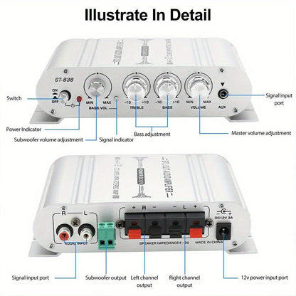 400W Car Audio Amplifier 2.1 Channel 12V Vehicle Sound System Stereo Bass Booster with Aluminum Alloy Housing, Easy Installation for Car Truck SUV Audio Upgrade — Silver