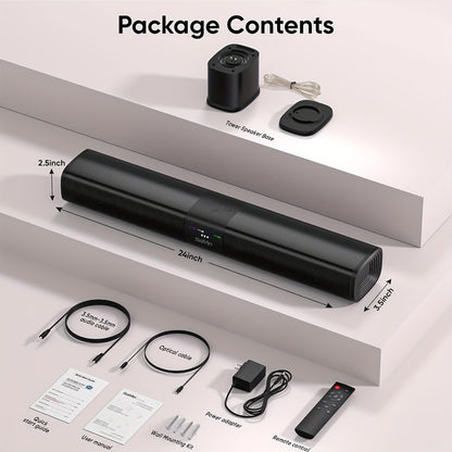 2.1 Channel Soundbar with Subwoofer for TV PC Gaming – Wireless Bluetooth Optical AUX Wall-Mountable Surround Sound System, Plug & Play Home Theater Speaker