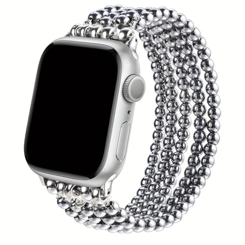 Stainless Steel Beaded Apple Watch Band Handmade Elastic Stretch Bracelet No-Buckle Slip-On Strap for Series 1-11 SE Ultra 38mm 40mm 41mm 42mm 44mm 45mm 46mm Women Girls Silver Rose Gold Silvery Grey