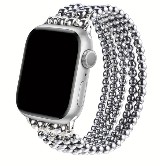Stainless Steel Beaded Apple Watch Band Handmade Elastic Stretch Bracelet No-Buckle Slip-On Strap for Series 1-11 SE Ultra 38mm 40mm 41mm 42mm 44mm 45mm 46mm Women Girls Silver Rose Gold Silvery Grey