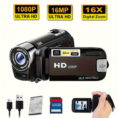 Portable 1080P Digital Camcorder with Rotating Screen & 32G Memory Card | Rechargeable Battery, Selfie Support, Compact Travel Video Camera for Vlogging, Family Gatherings & Everyday Recording