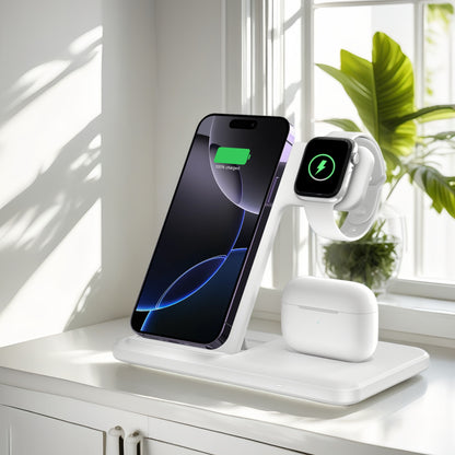 USB-C 3-in-1 Wireless Charging Station Upright Stand – Fast Charge Dock for iPhone 16 15 14 13 12 Pro Max, Apple Watch Ultra Series 10 9 8 7 SE & AirPods Pro 2 | Black & White