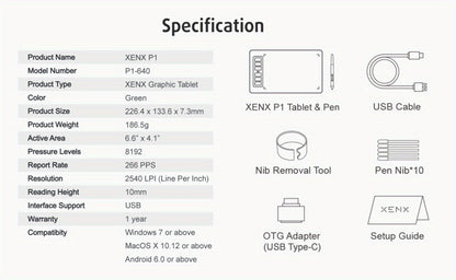 Graphics Drawing Tablet XENX P1-640 8192 Pressure Sensitivity 6 Hot Keys 6.6x4.1 Inch Active Area Battery-Free Stylus Compatible with Mac Windows PC Android for Digital Art Animation OSU Design