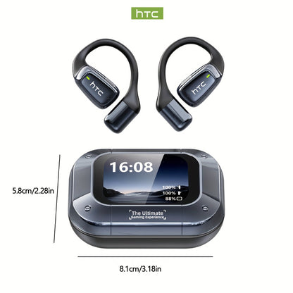 Open-Back Hi-Fi Gaming Earphones HTC NE25 AI Real-Time Translation 135 Languages LED Smart Screen Low Latency Long Battery Lightweight Wireless Headphones Black