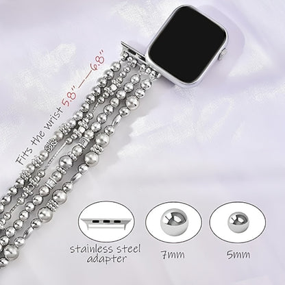 Elastic Beaded Watch Band for Apple Watch Series 1-11 SE Ultra 38mm 40mm 41mm 42mm 44mm 45mm 46mm 49mm Handcrafted No-Buckle Stretch Bracelet Replacement Strap Women Silver Rose Gold Golden