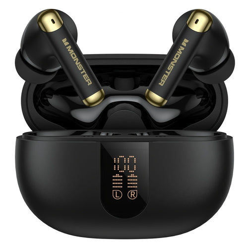 Monster Wireless Earbuds Stereo Sport Earphones Noise Canceling Condenser Mic LED Display Built-in Microphone Clear Calls Bluetooth for Sports Gym Running Black