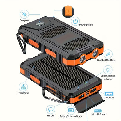 20000mAh Solar Power Bank with Built-In Flashlight & Compass – Dual USB Portable Charger for Camping Hiking Emergency Survival Outdoor Use, Compatible with All Mobile Devices, iPhone Android Samsung