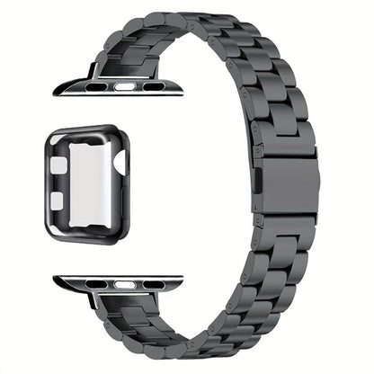 Slim Waist Apple Watch Steel Band & Half Shell Case 3-Piece Set – 2 Stainless Steel Bands + Protective Case Compatible with Apple Watch Series 1–9 SE Ultra 38 40 41 42 44 45 49mm – Gold Silver Rose Black