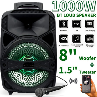 1100W Party Speaker with 7-Mode LED Lighting & Microphone – Portable Wireless Subwoofer, 8-Inch Bass Driver, Speaker Stand, 1800mAh Rechargeable Battery, TF USB AUX FM for Outdoor Parties & Karaoke