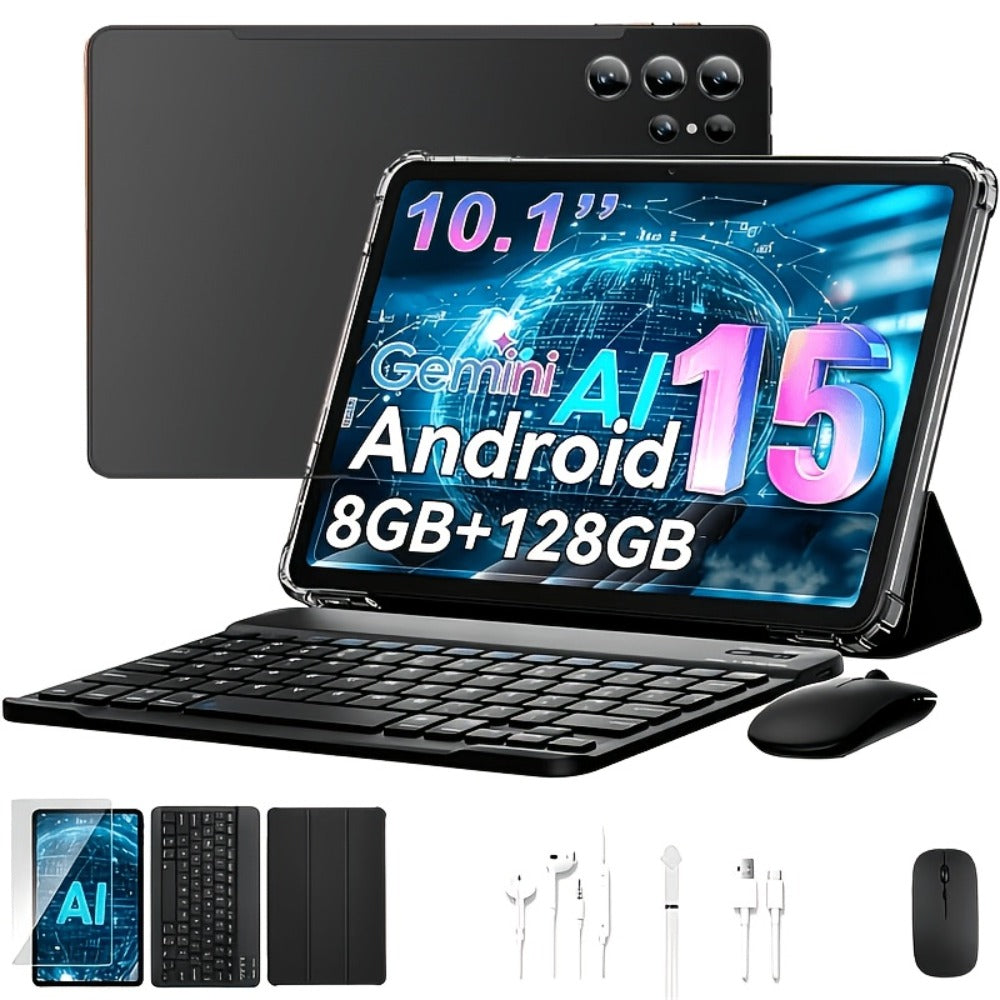 Android 15 Tablet 10.1 Inch 8GB RAM 128GB ROM – 8000mAh Battery, 1280x800 HD Display, 5MP+16MP Dual Camera, Stereo Speakers, WiFi, with Keyboard Case Mouse Stylus USB Cable