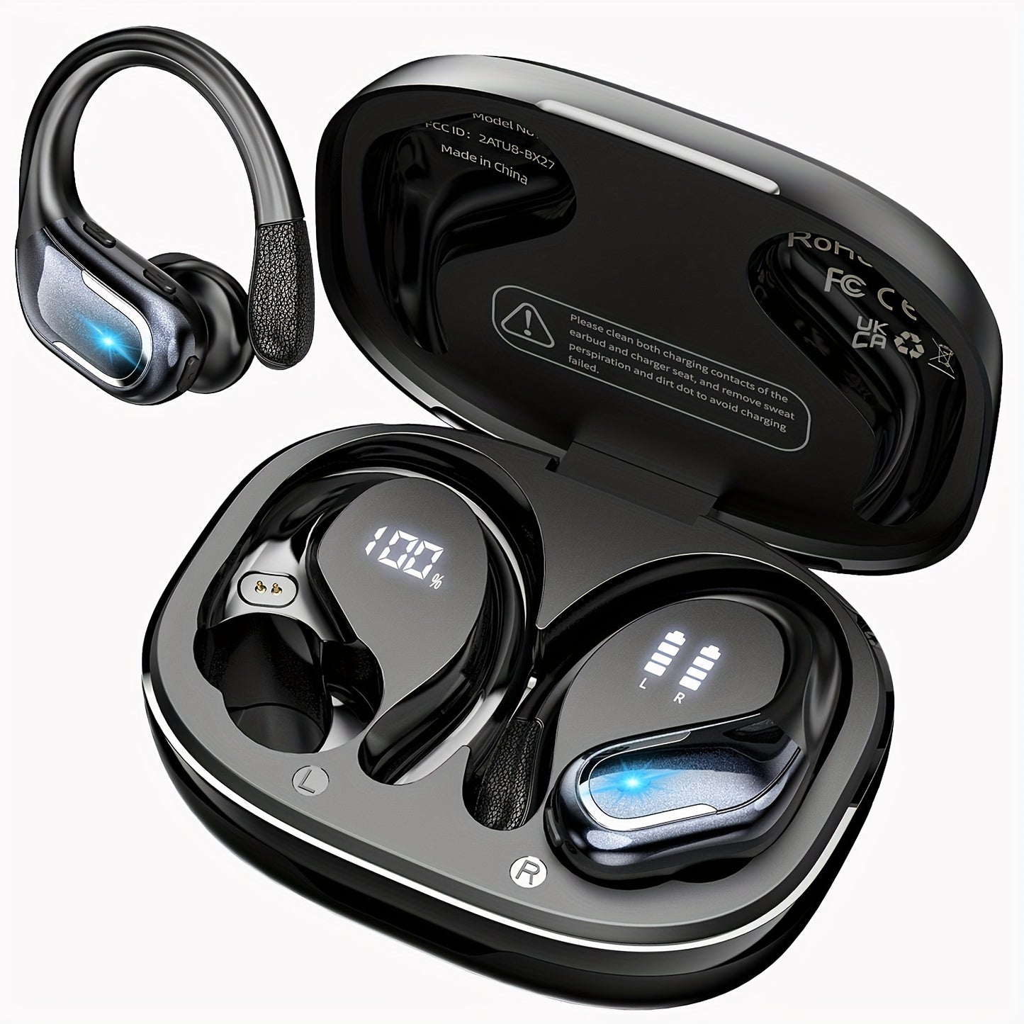 LIFEBEE Earhook Wireless Earbuds Dual LED Display ENC Noise Canceling Pure Bass Built-In Mic Secure Sport Fit for Running Gym Workout Cycling Sports Wireless Earphones