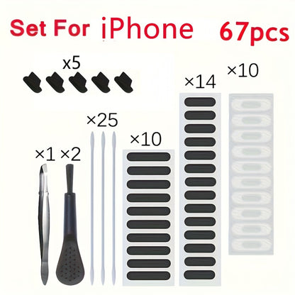Phone Dust Plug Kit 67PCS – Type-C & Lightning Port Protectors, Speaker Dust Mesh Stickers, Cleaning Brush Set, Anti-Dust Caps for iPhone & Android Smartphones