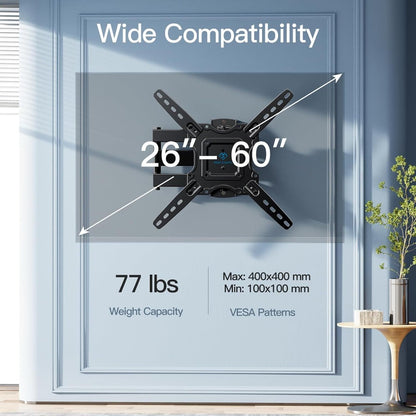 Heavy Duty TV Wall Mount 26-60 Inch Full Motion – Stainless Steel Swivel Tilt Extension Arm, VESA 400x400mm, Holds 77 lbs, Universal Fit for Samsung LG Sony TCL Vizio Hisense, Black