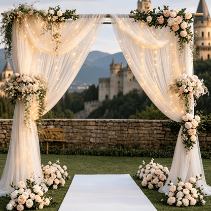 Champagne Tulle Backdrop with String Lights 5.2x10Ft 2pcs Sheer Curtain Photo Booth Props Wedding Party Background Decoration Non-Porous
