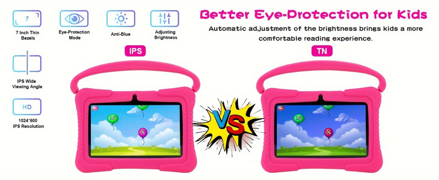 Veidoo Kids Tablet 7 Inch Android Eye Protection Screen Parental Controls Drop-Proof Silicone Case Dual Camera Educational Games WiFi 1GB 16GB 2GB 32GB Children Learning Tablet Pink Blue Purple