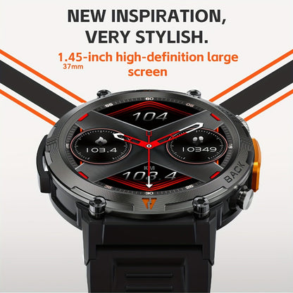 Tactical Smartwatch for Men LED Lighting 1.45 Inch 97% Screen Ratio Bluetooth 5.2 Wireless Calling Outdoor Fitness Tracker Heart Rate Blood Oxygen Sleep Pedometer iPhone Android Silicone Leather Strap Black Orange