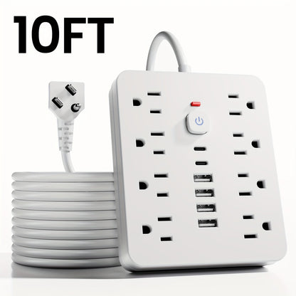 14-in-1 Wall-Mountable Power Strip with Surge Protector – 8 AC Outlets & 6 USB Ports (2 USB-C), Flat Plug Space-Saving Extension Cord, Overload Protection for Home School Office, 5ft or 10ft