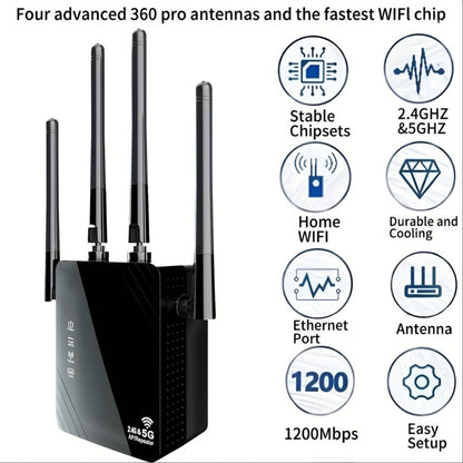 10000 Sq Ft WiFi Extender 1200Mbps 4-Mode - Dual Band 2.4GHz & 5GHz, 4 Antennas 360° Coverage, 6X Signal Boost, Penetrates Walls, 35 Devices, Repeater Access Point Router WISP, 1-Tap Setup, Black