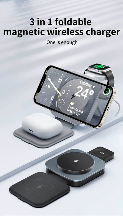 Foldable Travel 3-in-1 Wireless Charging Station 15W – Fast Charge for iPhone 17 16 15 14 13 12 Pro Max Plus, Apple Watch Ultra Series 9 8 7 6 5 4 3 2 1 SE & AirPods 4 3 2 Pro | Portable Black Charger
