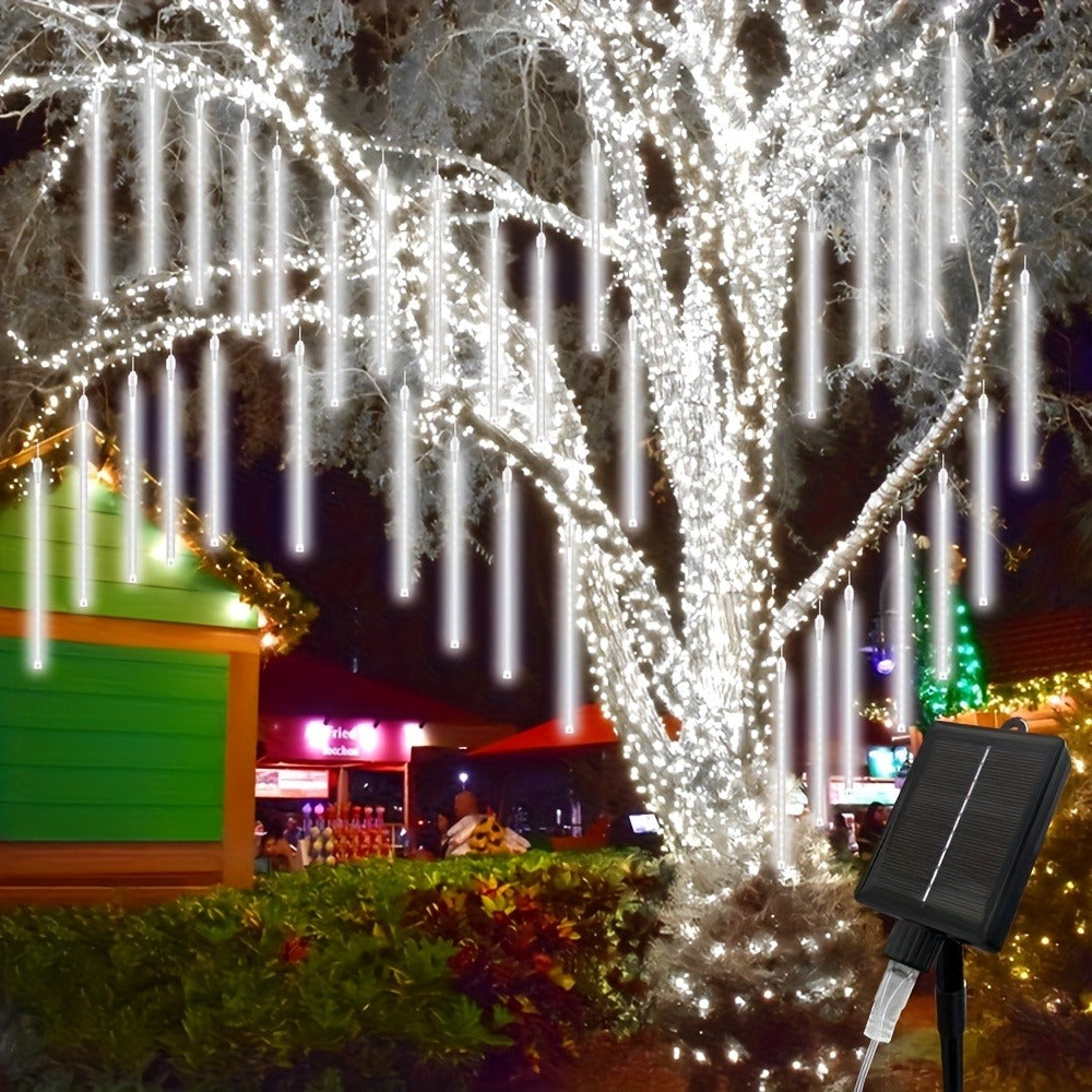 Solar Meteor Shower String Lights 192 LED Flower Theme - Outdoor Hanging Tree Lights Touch Control Warm Multi Color Blue for Garden Courtyard Christmas Halloween 4th of July Wedding Decoration