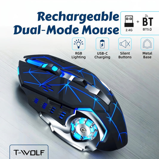 Bluetooth 5.0 2.4G Dual Mode Wireless RGB Gaming Mouse Silent 6 Button Ergonomic USB-C Rechargeable Breathing Light for PC Laptop Mac Tablet Office Gaming Tech Black Star Black White Gray