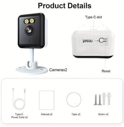 AI-Powered 3MP Indoor Security Camera 2-Pack, Humanoid Detection, Alexa Compatible, Full-Color Night Vision, Two-Way Audio, Smart Motion Alerts, 2.4G WiFi – Home Baby Pet Video Monitoring