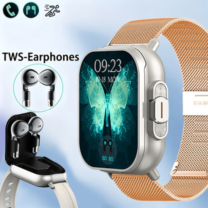 2-in-1 Smartwatch Earbuds Combo Steel & Mesh Strap for Men – Music Control Multiple Sports Modes Activity Tracking Black Silver Rose Gold Black Gold Smart Watch Earphone Gift