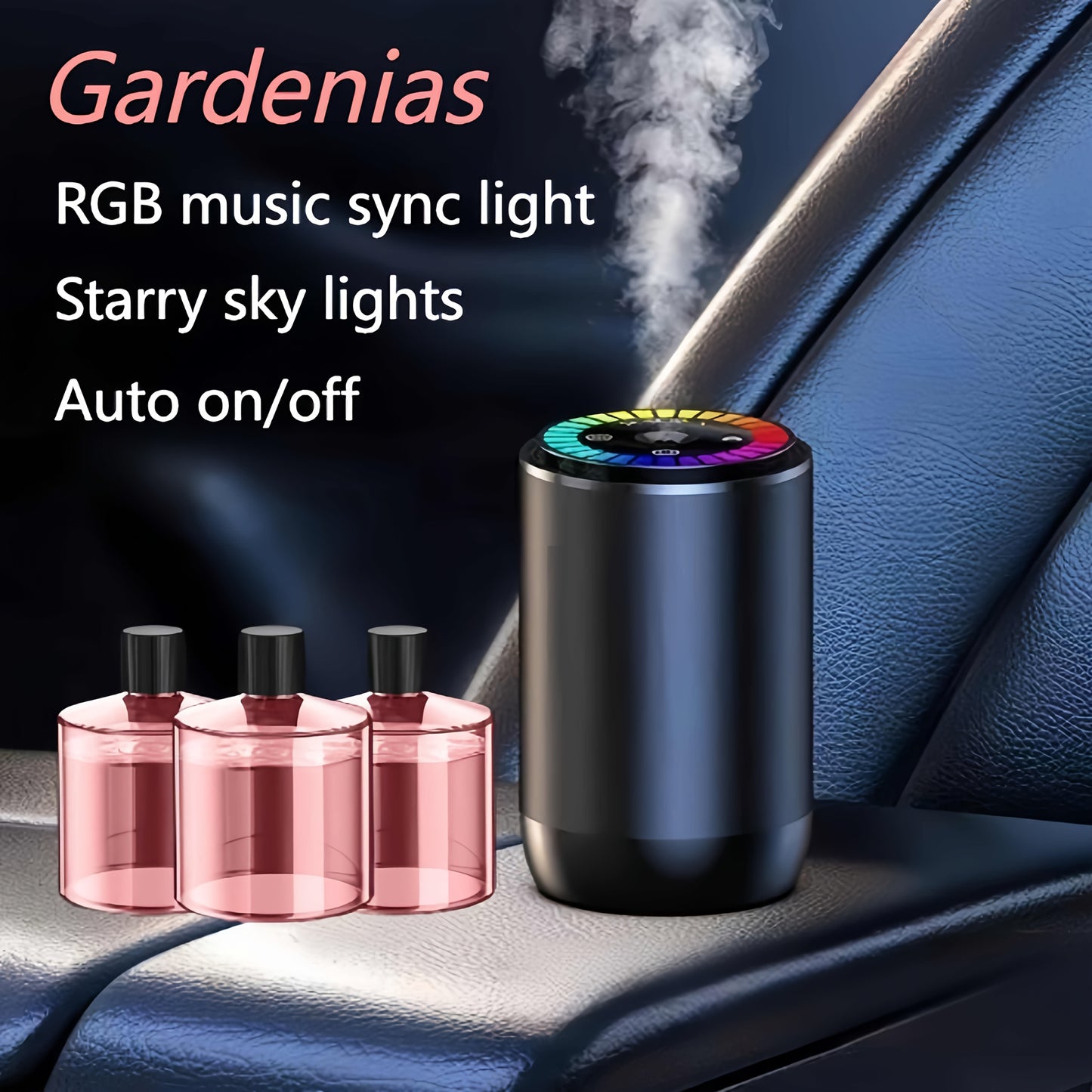 Car Air Freshener Aromatherapy Diffuser with Starry Sky Light Show, USB Rechargeable, Adjustable Fragrance – Natural Essential Oil Scents (Lavender, Ocean, Cologne, Gardenia)