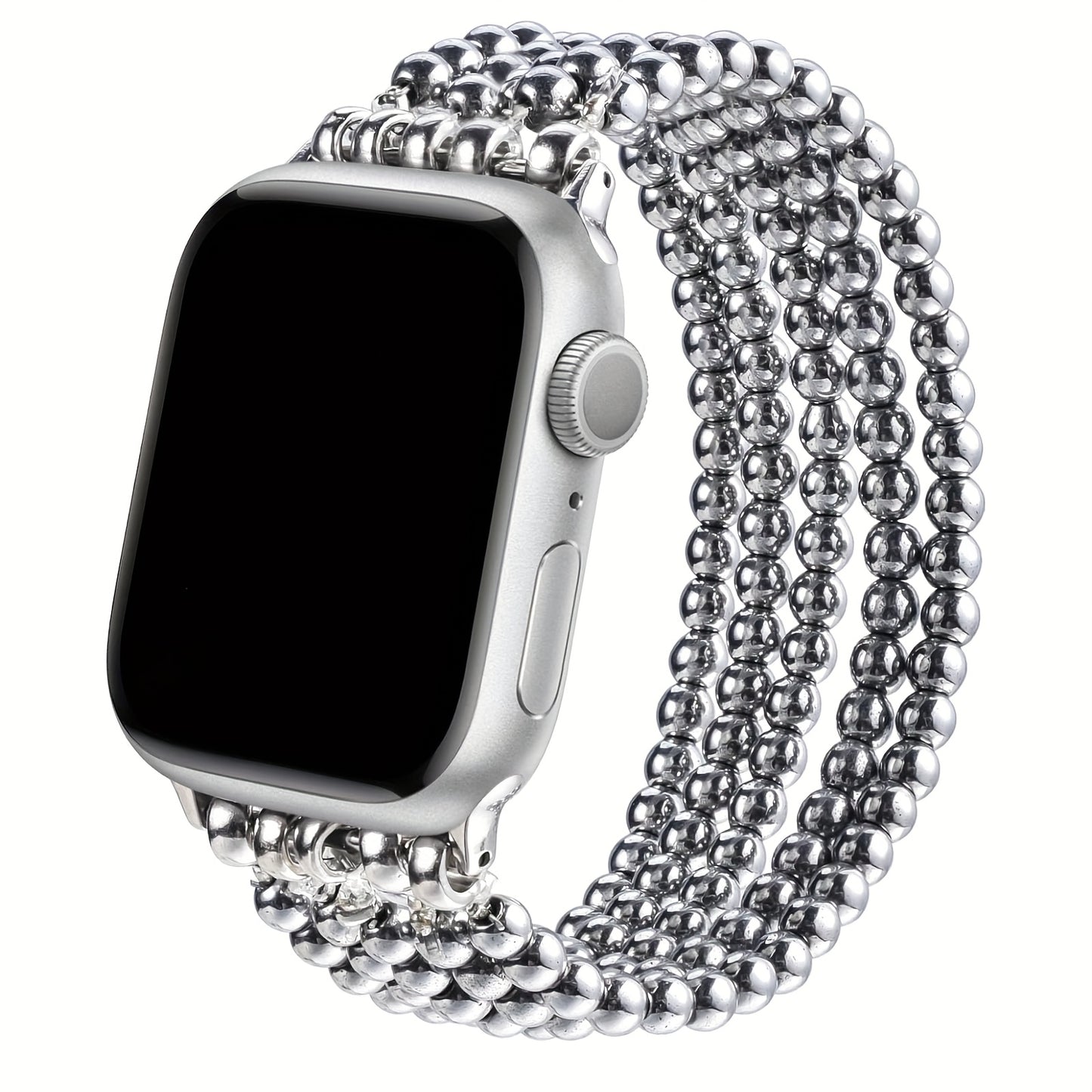 Stainless Steel Beaded Apple Watch Band Handmade Elastic Stretch Bracelet No-Buckle Slip-On Strap for Series 1-11 SE Ultra 38mm 40mm 41mm 42mm 44mm 45mm 46mm Women Girls Silver Rose Gold Silvery Grey