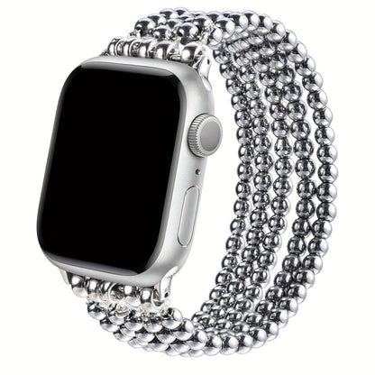 Stainless Steel Beaded Apple Watch Band Handmade Elastic Stretch Bracelet No-Buckle Slip-On Strap for Series 1-11 SE Ultra 38mm 40mm 41mm 42mm 44mm 45mm 46mm Women Girls Silver Rose Gold Silvery Grey