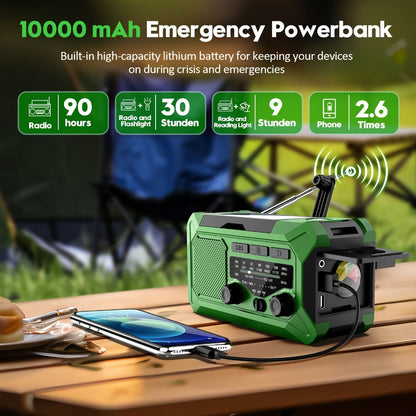 Emergency Radio Hand Crank Solar USB 3-Way Charging AM FM with 10000mAh Power Bank, SOS Alarm, LED Flashlight, Reading Light, Thermometer, Compass for Family Home Survival Kit