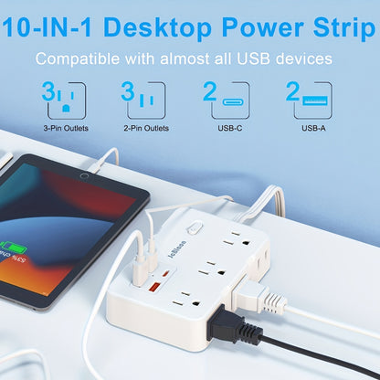 Flat Plug Extension Cord Surge Protector 10-in-1 with 6 AC Outlets 2 USB-C 2 USB-A Ports 5ft Ultra Thin Power Strip 5V/3.1A Wall Mount Charging Station for Home Office Dorm – Black & White