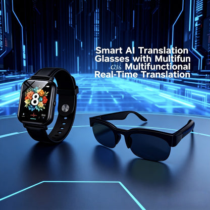 AI Smart Glasses with Real-Time Multi-Language Translation – Bluetooth Wireless Mic & Speaker, Hands-Free Calls & Music + Full Touchscreen Smartwatch Bundle | Wearable Tech Gift for Men Women