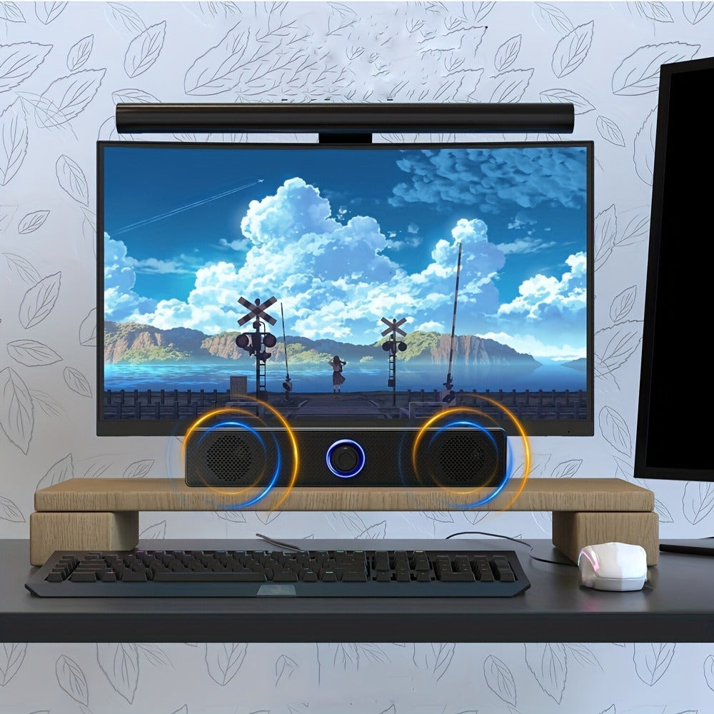 USB Wired Desktop Speaker Bar with 4D Audio Effect & Blue LED - Anti-Magnetic Stereo Sound, 3.5mm AUX Input, Independent Volume Control, for PC Laptop Computer Home Office
