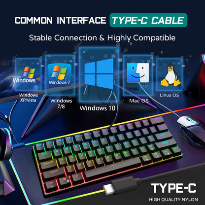 Blue Switch RGB Mechanical Keyboard 60% Layout – 61 Keys Ultra-Compact Wired Tenkeyless Design for PC, Laptop & Mac | Clicky Tactile Gaming & Typing Keyboard | Black & White Color Options
