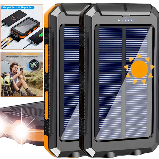 20000mAh Solar Power Bank with Built-In Flashlight & Compass – Dual USB Portable Charger for Camping Hiking Emergency Survival Outdoor Use, Compatible with All Mobile Devices, iPhone Android Samsung