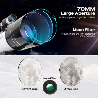 150X Telescope 70mm Aperture for Adults High Power Portable Monocular with Tripod Phone Holder Eyepiece Barlow Lens for Stargazing Nature Viewing Bird Watching Education Gift