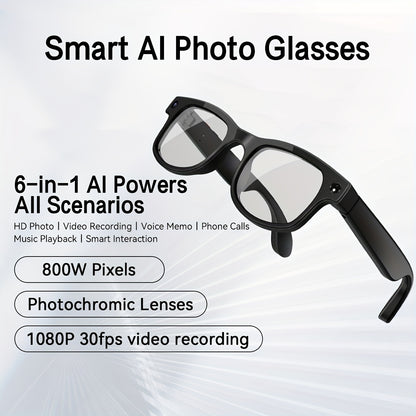 Smart Glasses with Camera 8MP Dual Lens 1080P HD – AI Auto Color Change, Air Conduction 360° Sound, Dual Mic, 290mAh Battery, 3 Lenses, Black & Transparent Frame