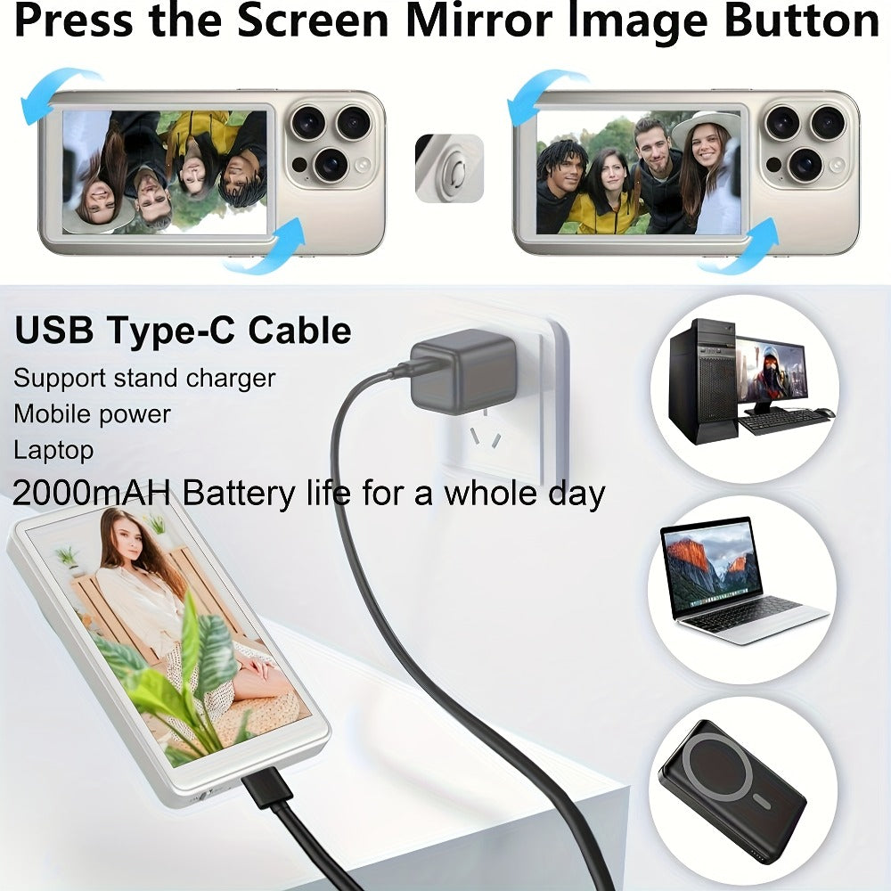 Wireless Selfie Monitor Screen for iPhone Android – 2500mAh Battery, Remote Control, 3-Level Brightness & Wide Screen Mode, Use Phone Rear Camera for Selfie Vlog No-Delay Live Streaming TikTok YouTube