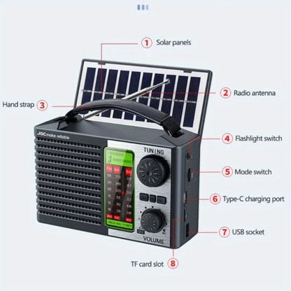 Emergency Solar Hand Crank Radio 5-in-1 with Dual Speaker, FM AM SW VHF, MP3 USB TF Card Player, 180° Foldable Solar Panel, LED Flashlight, Portable for Camping Power Outages Survival