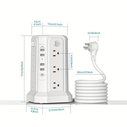 Power Strip Tower Angled Flat Plug 17-in-1 with 12 AC Outlets 4 USB-A 1 USB-C PD 18W 4 Independent Switches 1500J Surge Protector Desktop Extension Cord for Home Office Dorm Room – Black & White
