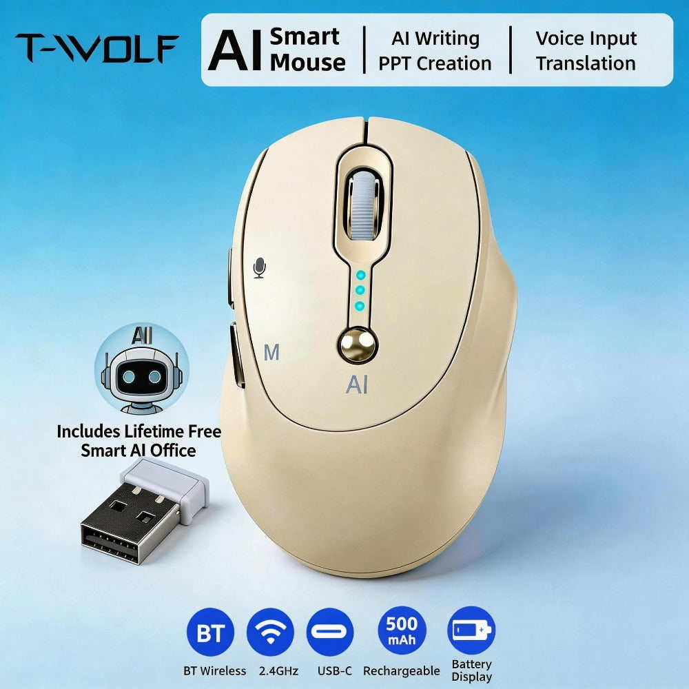 AI Smart Wireless Mouse with Voice-to-Text Real-Time Translation AI Writing PPT Creation Silent BT+2.4G Dual Mode Rechargeable Battery Display Portable for PC Laptop Tablet (T-WOLF)