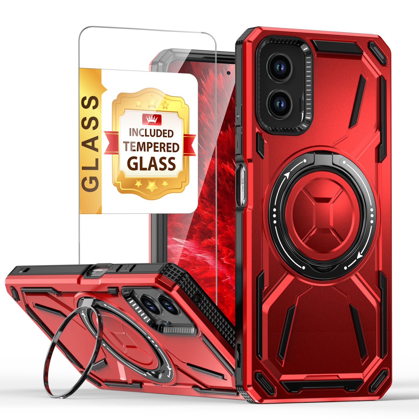 Moto G 5G 2024 Case with Tempered Glass Screen Protector & 360° Magnetic Ring Stand Kickstand – Shockproof Wireless Charging Compatible Protective Cover for Motorola Moto G 5G 2024