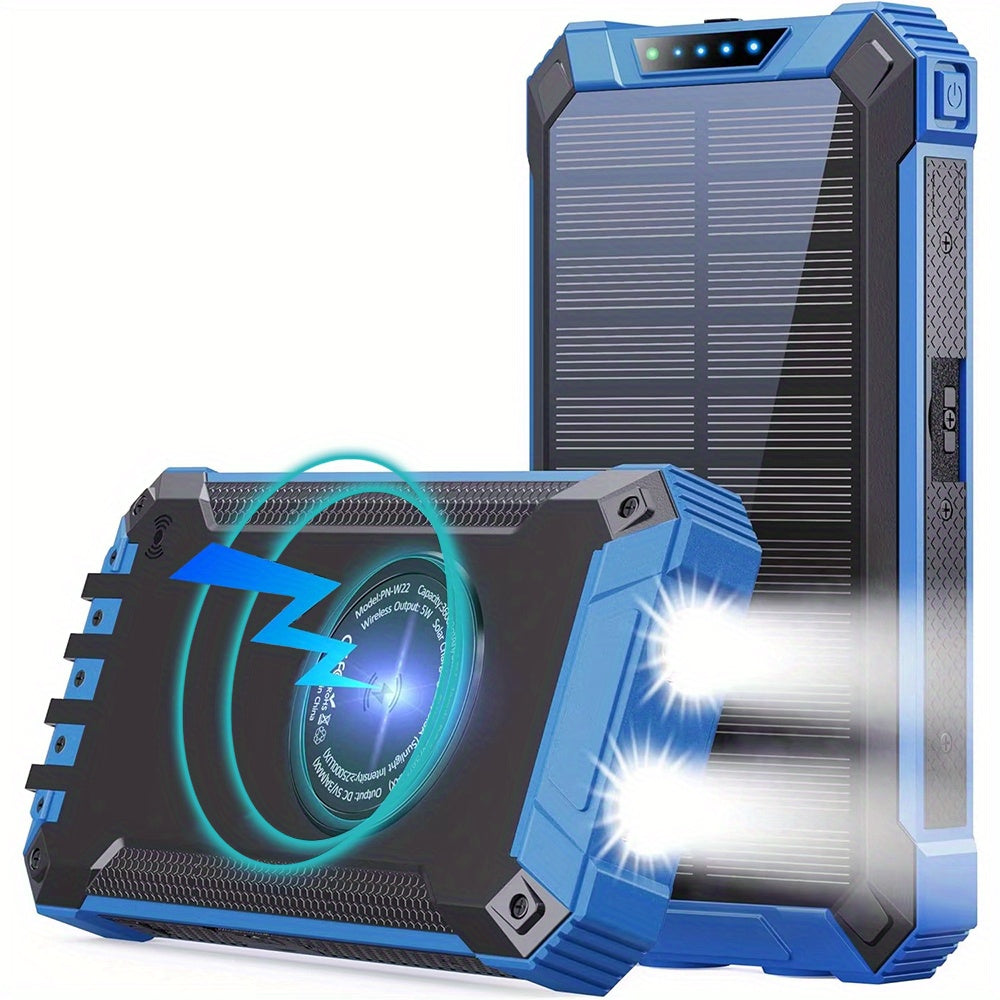 Solar Power Bank 46800mAh Wireless Charging 4 Built-in Cables Dual LED Flashlight 15W Fast Charge Outdoor Camping Hiking Emergency Battery Pack iPhone Android Red Green Blue Black Orange