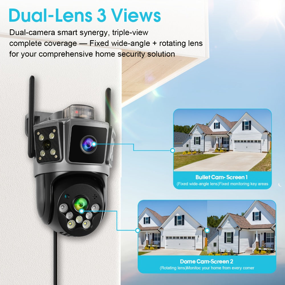 Dual Lens 3-Scene Security Camera WiFi Outdoor Indoor 355° Pan Tilt with Color Night Vision, AI Motion Sensor Alarm, Remote Monitoring, Cloud Storage & SD Card Up to 256GB – Wire-Free Home Surveillance
