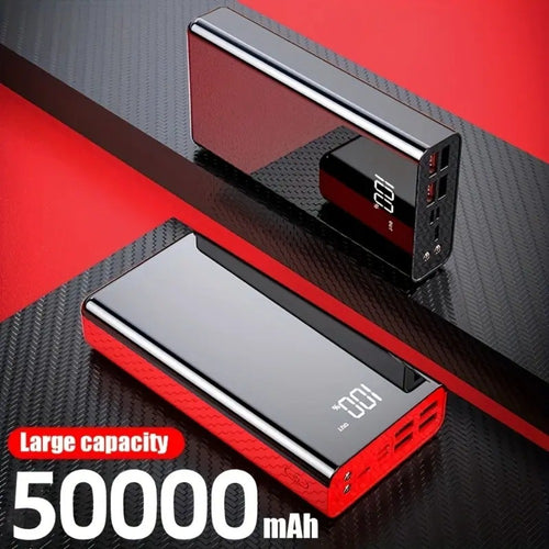 50000mAh High Capacity Power Bank Portable Charger LED Display USB-C Micro USB Fast Charging Multi-Port Emergency Backup Battery for iPhone Android Camping Outdoor Travel Black Red