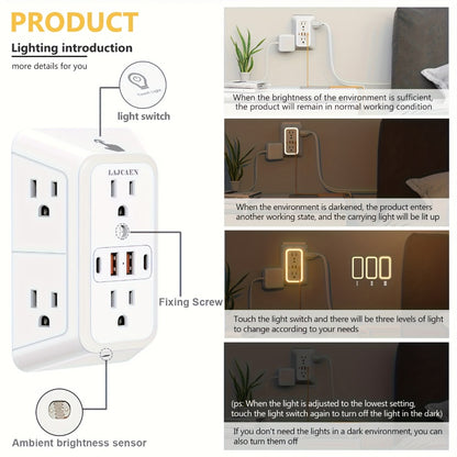 3-Sided Wall Outlet Extender 10-in-1 with 6 AC Outlets & 4 USB Ports (2 USB-A & 2 USB-C), 1050J Surge Protector Multi-Plug Adapter for Home, Travel, Office & College