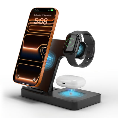 Foldable 3-in-1 Wireless Charging Station with LED Indicator & Anti-Slip Fast Charge for iPhone 17 16 15 14 13 12 11 Pro Max XR XS, Apple Watch Ultra Series 11 10 9 8 7 6 5 SE, AirPods 4 3 2 Pro & Samsung Galaxy – Black White, With/Without Adapter
