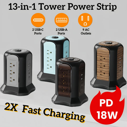 Surge-Protected Power Tower 13-in-1 with Wireless Charger, 9 AC Outlets & 4 USB Ports (2 USB-C PD18W), 1080J Surge Protector, 8ft Extension Cord – Multi-Color for Home Office Dorm
