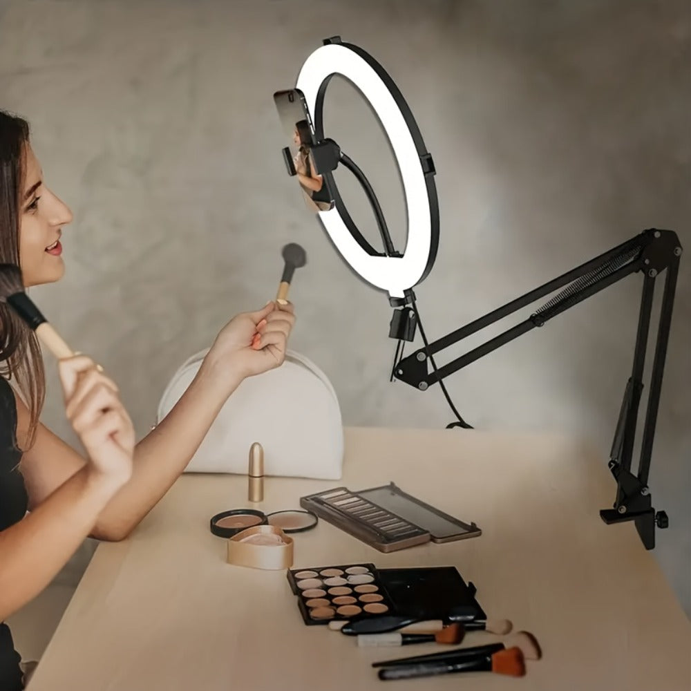 LED Ring Light with Phone Holder USB Powered, 3 Color Modes Adjustable Brightness, Clip-On Selfie Ring Light for Video Recording Live Streaming Makeup Zoom Calls TikTok